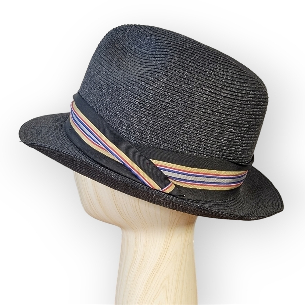 Dobbs Fifth Avenue NY Black Straw Fedora Hat Multicolor Trim Size 7.5